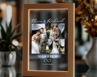 Acrylic Picture Frame With Light, Married Photo Plaque, Personalized Stand, Unique Night Lights, Valentines Gifts, Wedding Photo Sign