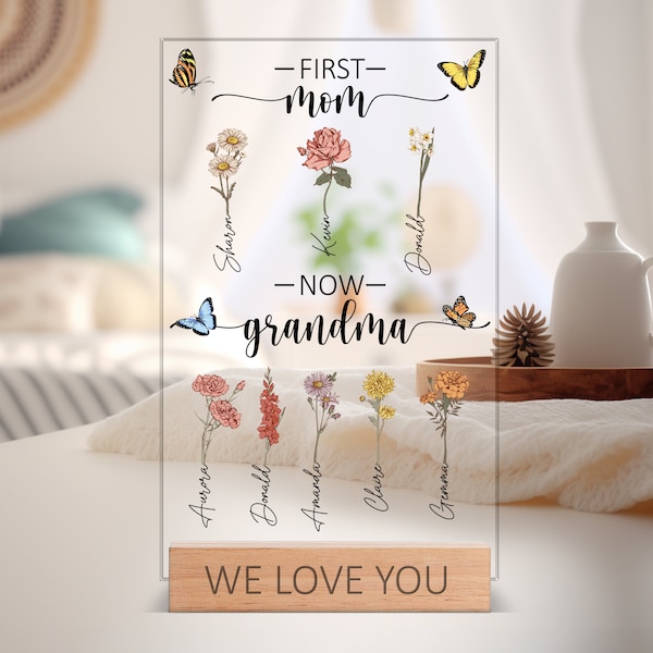 Unique Mothers Day Gift Plaque, Personalized Grandkid and Kids Name Stand, Gift for Her, Grandma Gift, First Mom Now Grandma Acrylic Display