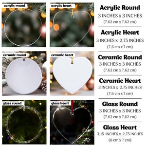 May include: A collection of clear acrylic, white ceramic, and glass ornaments in round and heart shapes. The acrylic and glass ornaments are transparent, while the ceramic ornaments are white. Each ornament has a string for hanging. Sizes range from 3 inches to 3.15 inches.