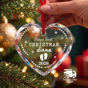 Baby's First Christmas Gift, Baby Name Ornament, Cute Baby Feet Ornament, Custom Newborn Name Keepsake, 2026 Baby Nursery Decor Ornament Glass Heart