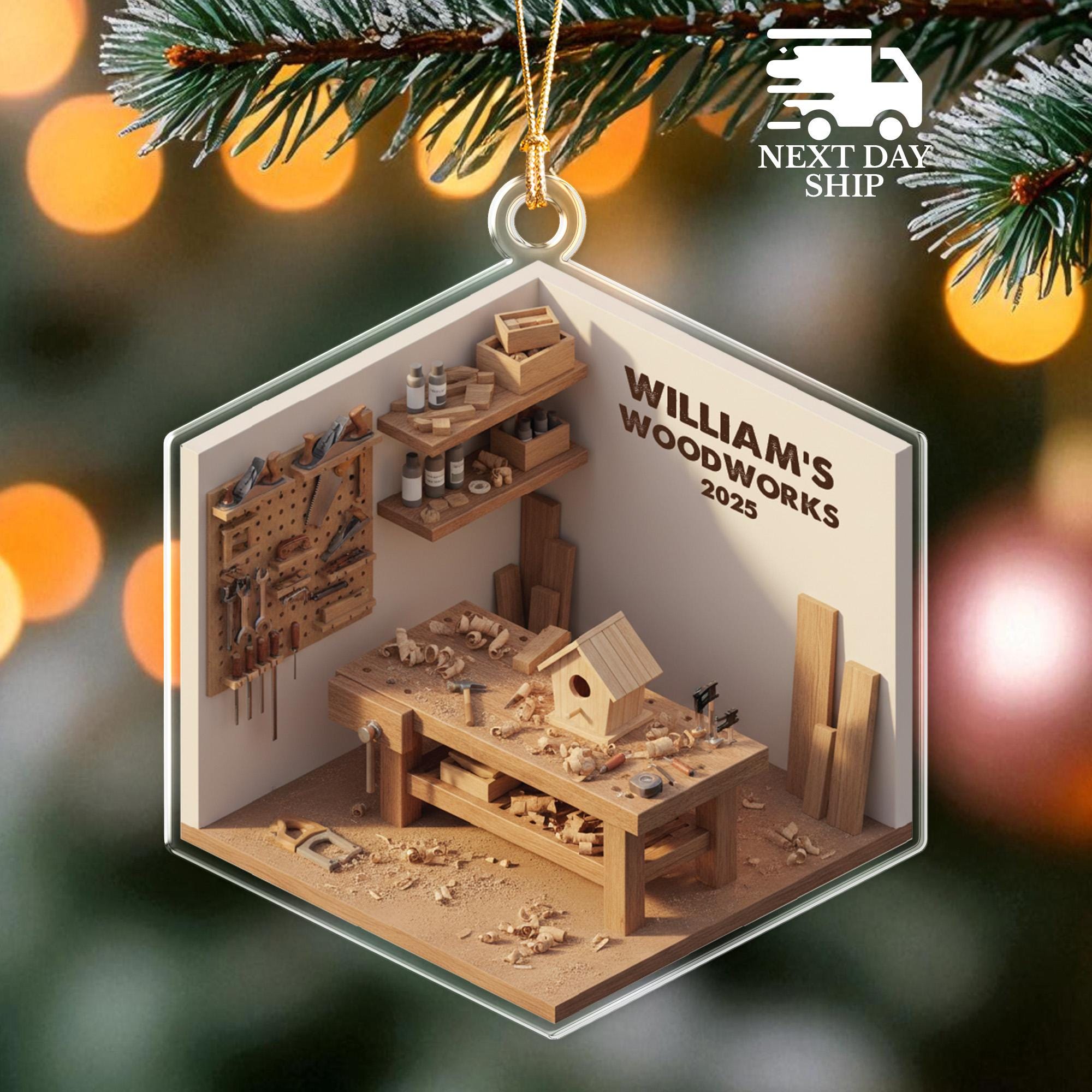 Custom Carpenter Ornament, Personalized Woodworking Studio with Tools, Holiday Gift for Woodworkers, Gift for Carpenter or DIY Crafter