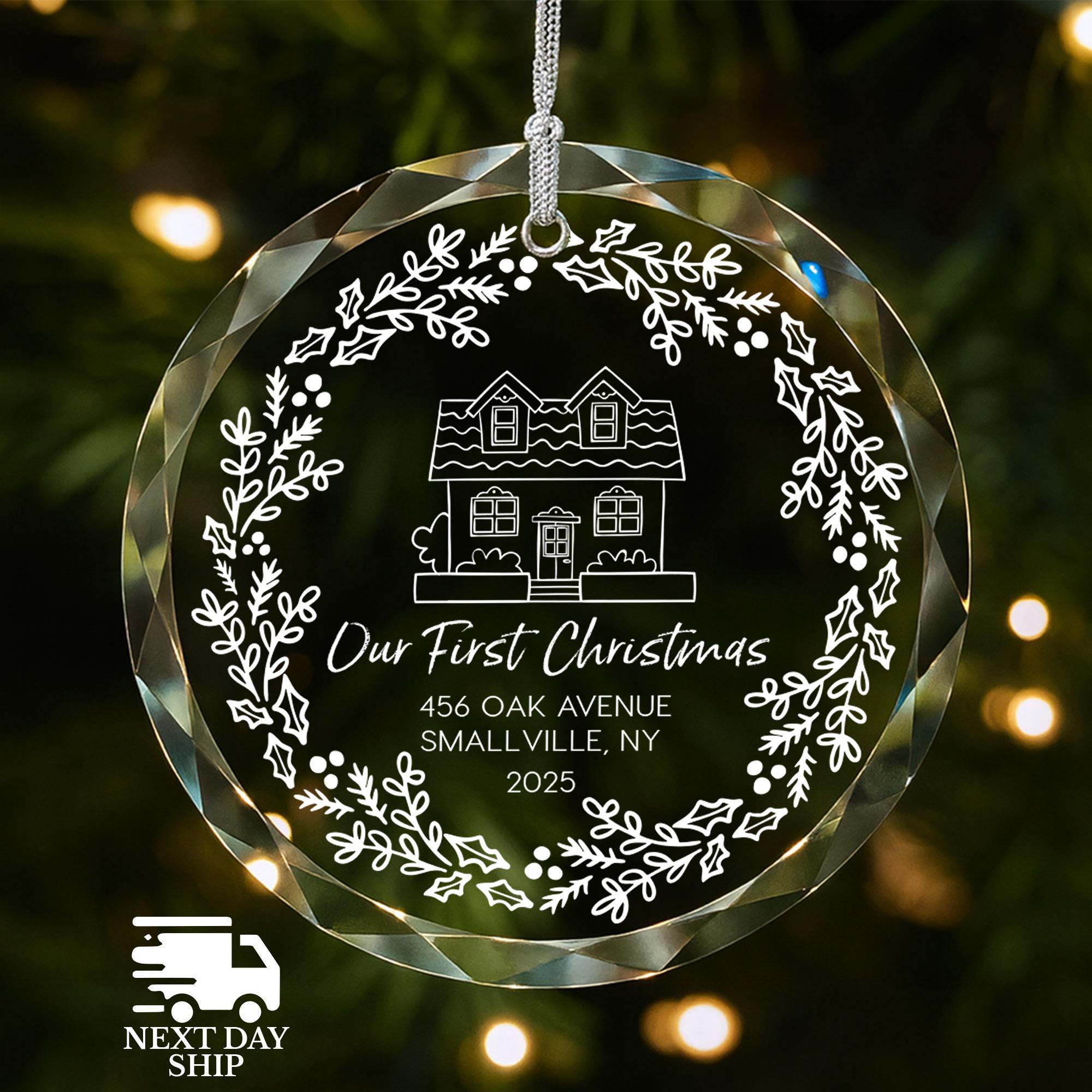 Personalized First Home Ornament, Christmas Ornament, Our First Christmas Keepsake, Dainty Address Ornament, Ornament with Gift Box