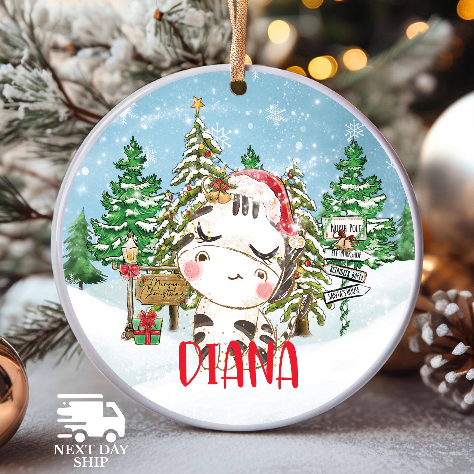 Cute Christmas Cow Ornament, Kids Name Ornament, Merry Christmas North Pole Ornament, Personalized Christmas Decor, Baby Name Farm Ornament