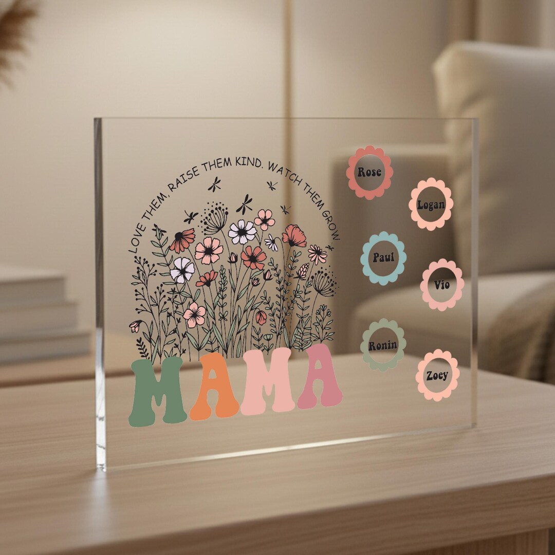 Personalized Mom Acrylic Block With Kids Names, Custom Mama Gift Floral ...
