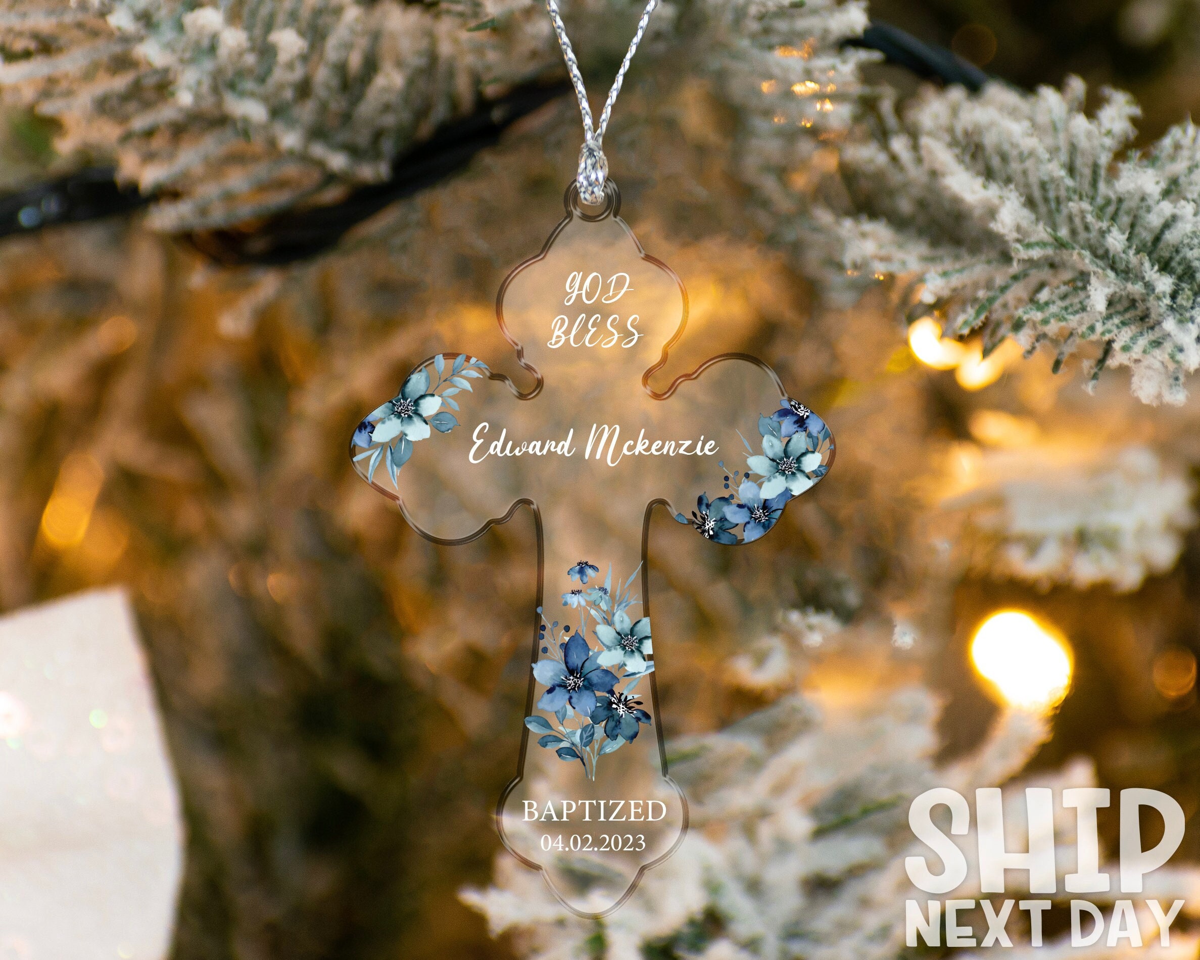 Custom Baptism Ornament for Baby, Christmas Gifts, Baby Baptism Gift, Religious Gift, Personalized Acrylic Cross Ornament, Keepsake Ornament