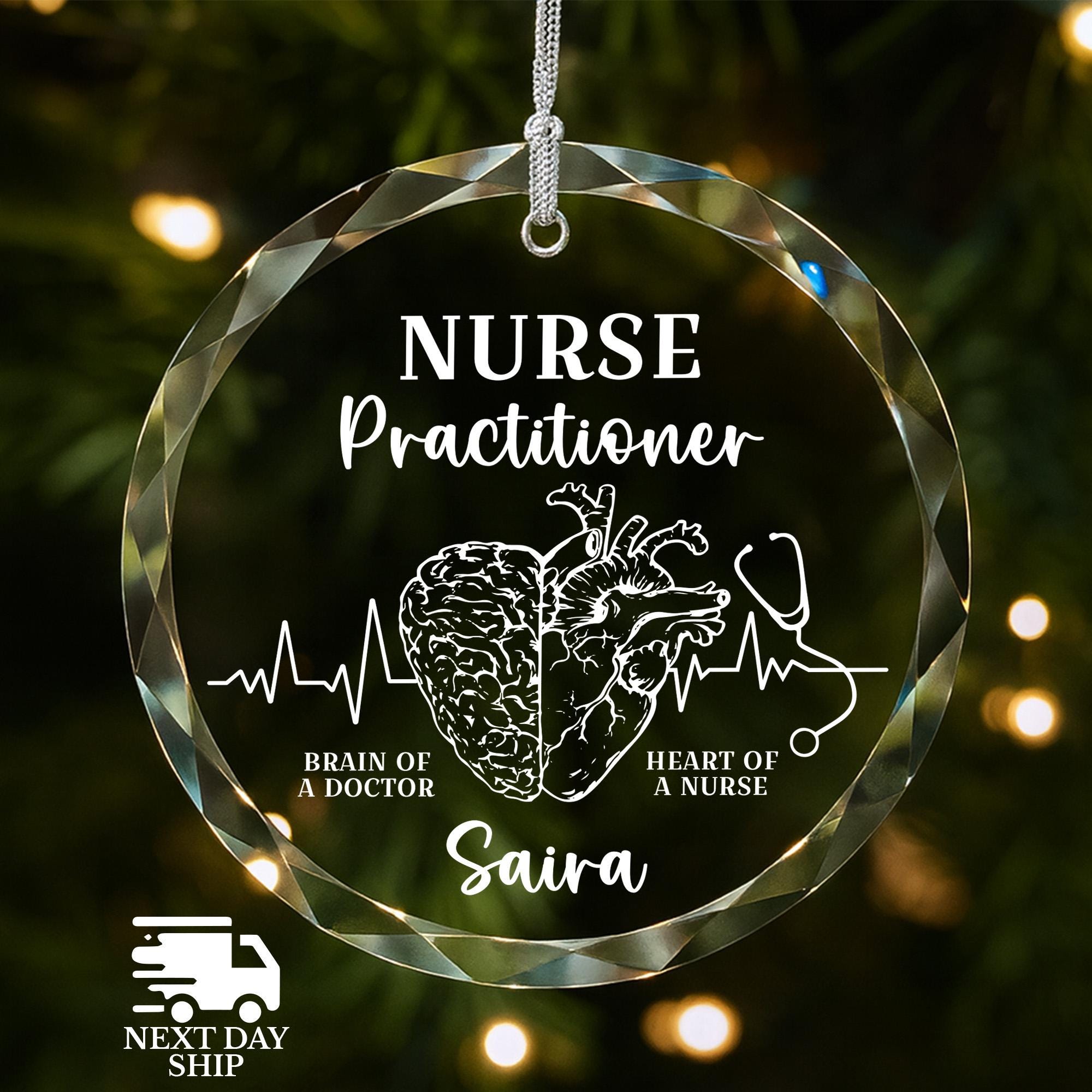 Personalized Nurse Practitioner Ornament, Custom Name Christmas Gift, Brain of a Doctor Heart of a Nurse, Medical Appreciation Keepsake