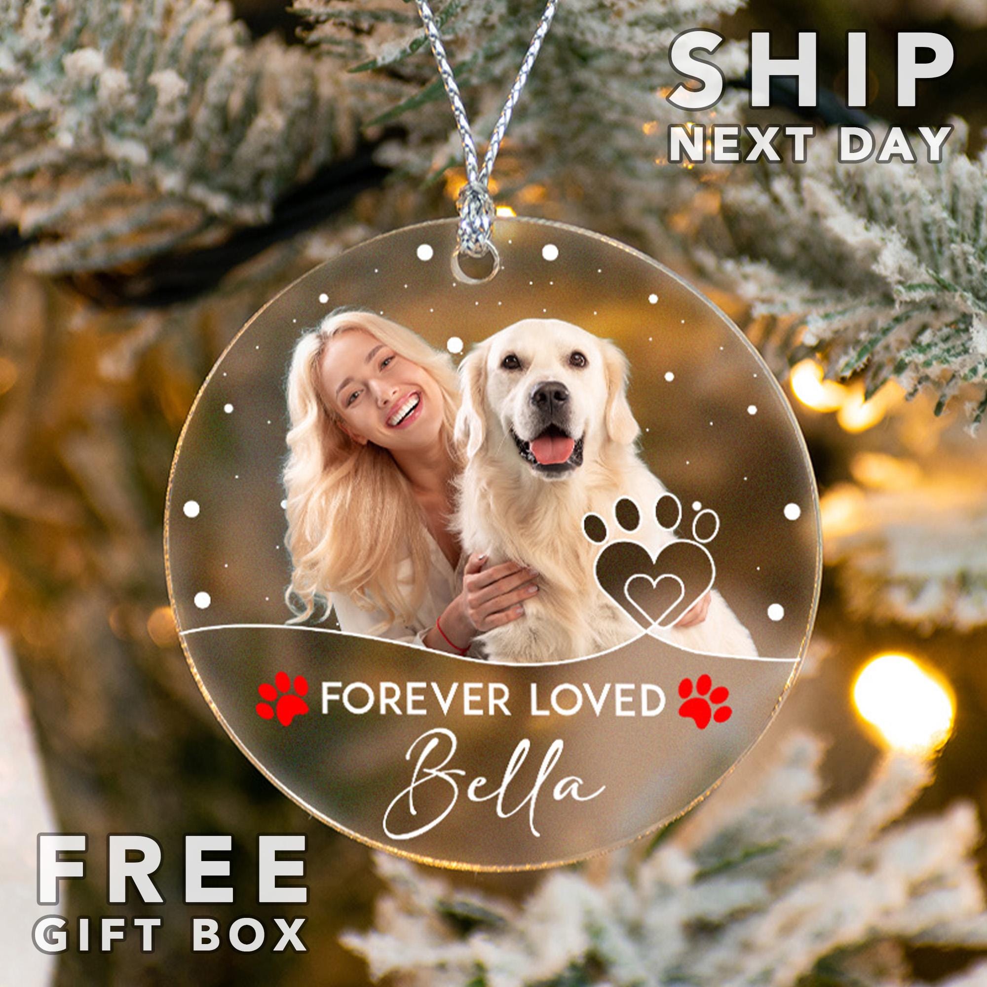 Forever Loved Dog Ornament, Custom Dog Picture Ornament, Valentines Gifts, Gift For Dog Owners, Pet Loss Ornament, Valentines Keepsake