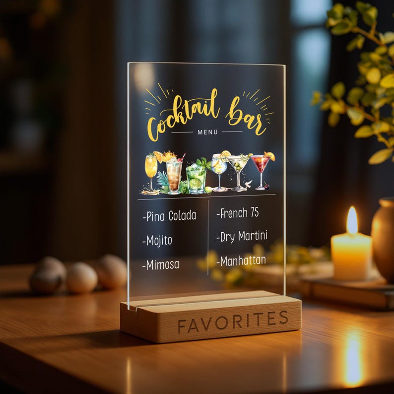 May include: A clear acrylic sign with a gold "Cocktail Bar Menu" title and a watercolour illustration of six different cocktails. The sign is on a wooden base with the word "FAVORITES" engraved on it.