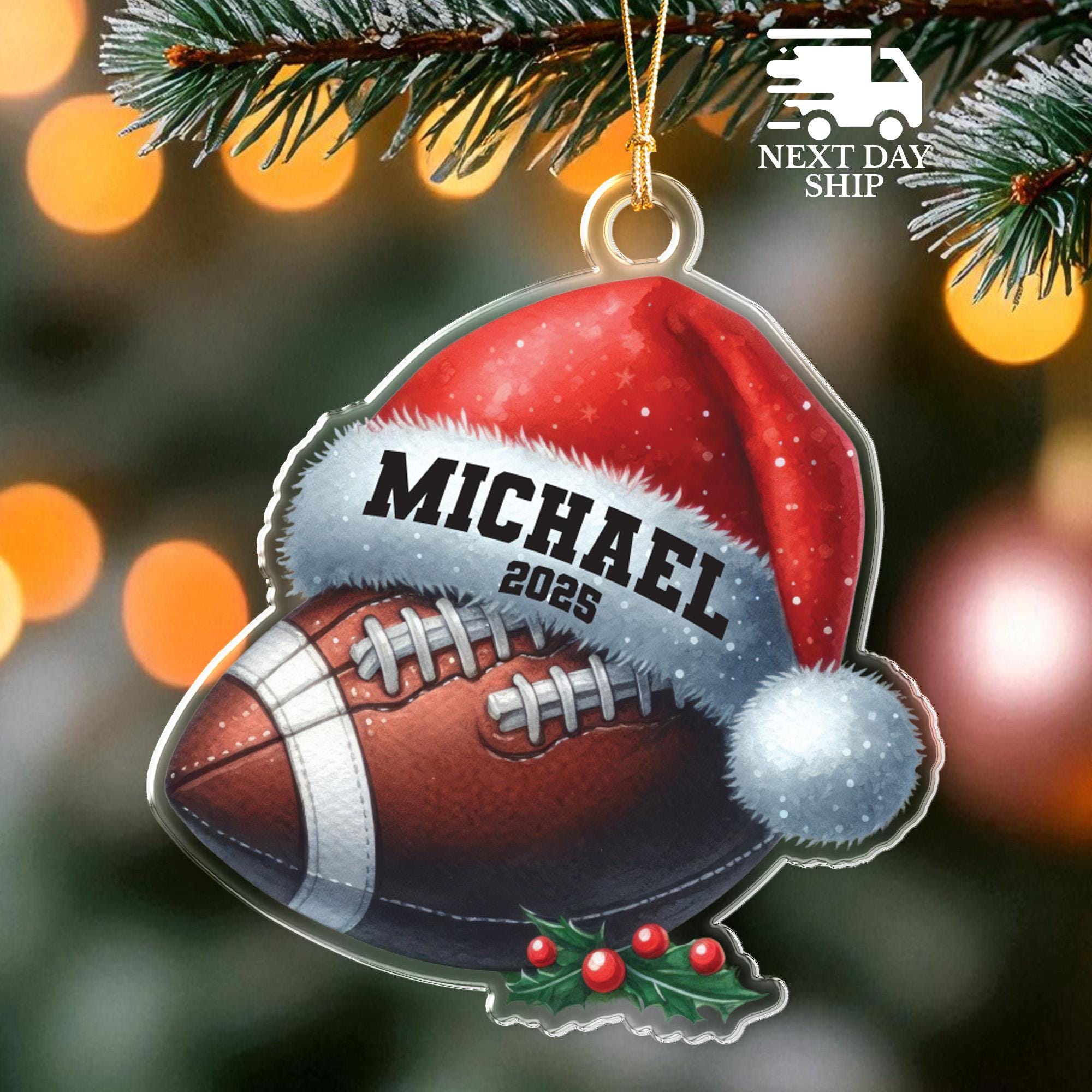 Football Santa Hat Ornament, Custom Name Sports Gift, Holiday Gift for Football Players And Team, Gift for Football Lovers, Xmas Tree Decor