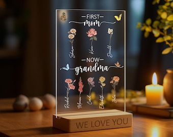 Unique Mothers Day Gift Plaque, Personalized Grandkid and Kids Name Stand, Gift for Her, Grandma Gift, First Mom Now Grandma Acrylic Display