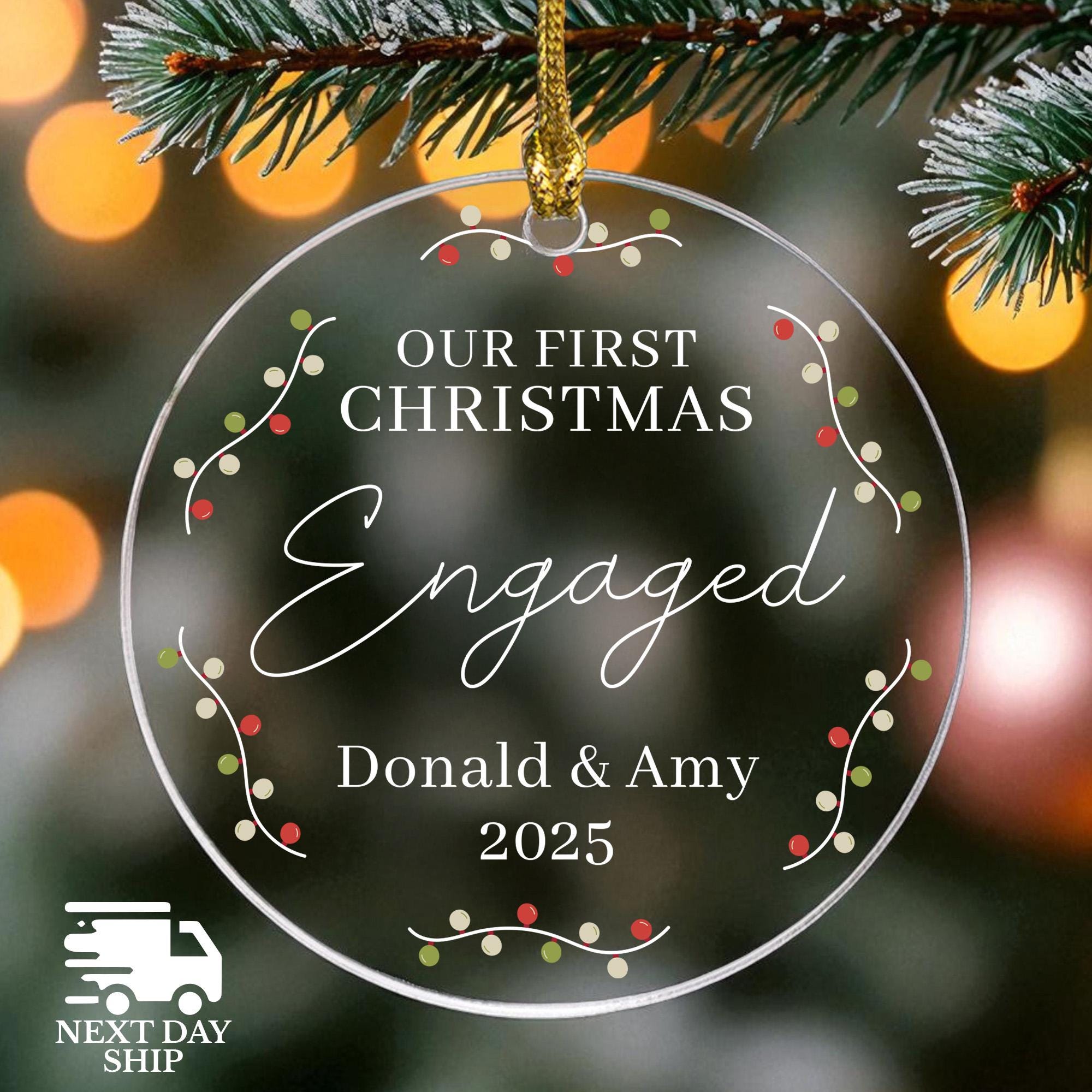 Custom Our First Christmas Engaged Ornament, Christmas Gifts For Couples, Personalized Acrylic Christmas Keepsake, Ceramic Name Ornament