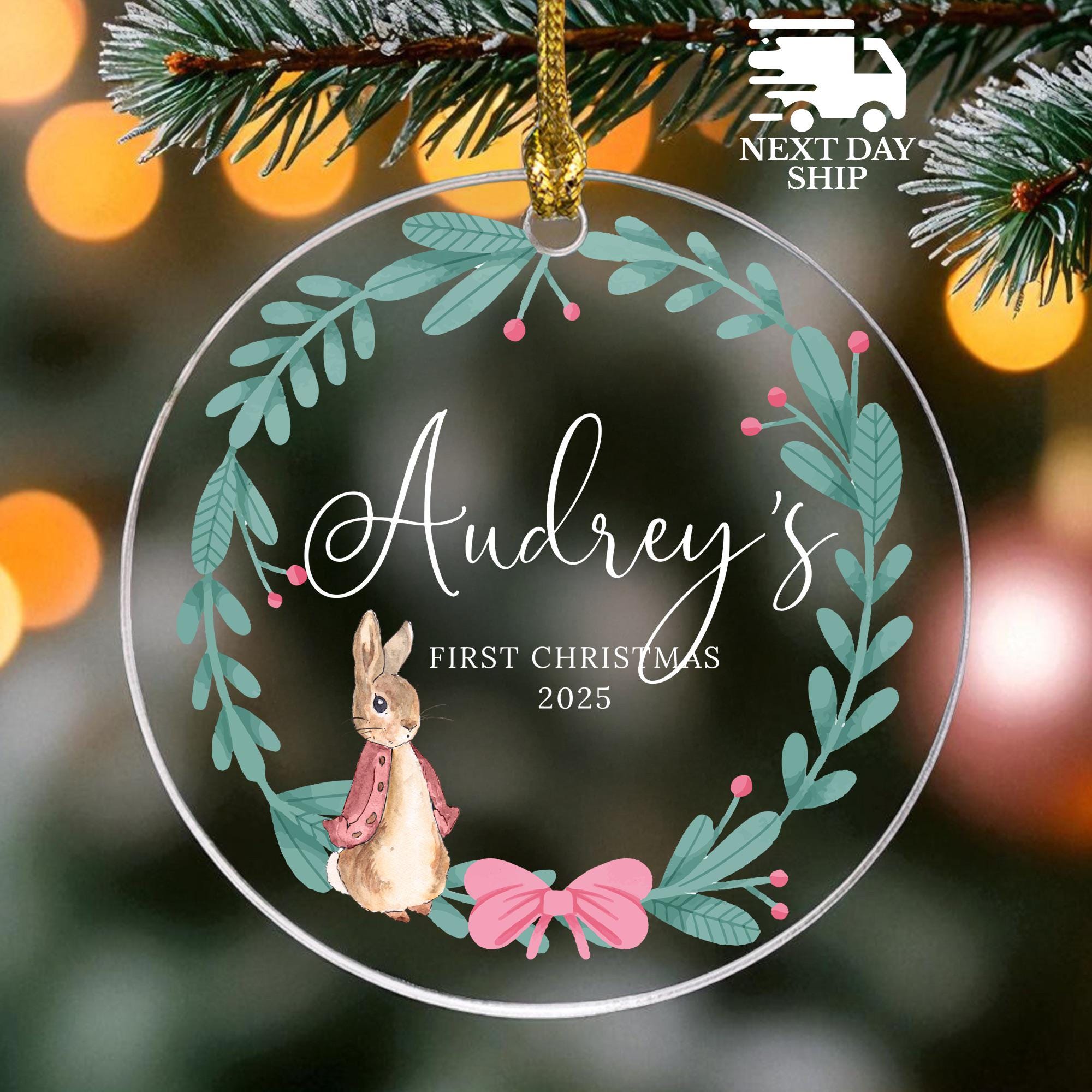 Baby Name Custom Ornament, Cute Rabbit Ornament, First Christmas Baby Boy Girl Keepsake, Acrylic Ceramic Glass Baby Shower Keepsake Gift