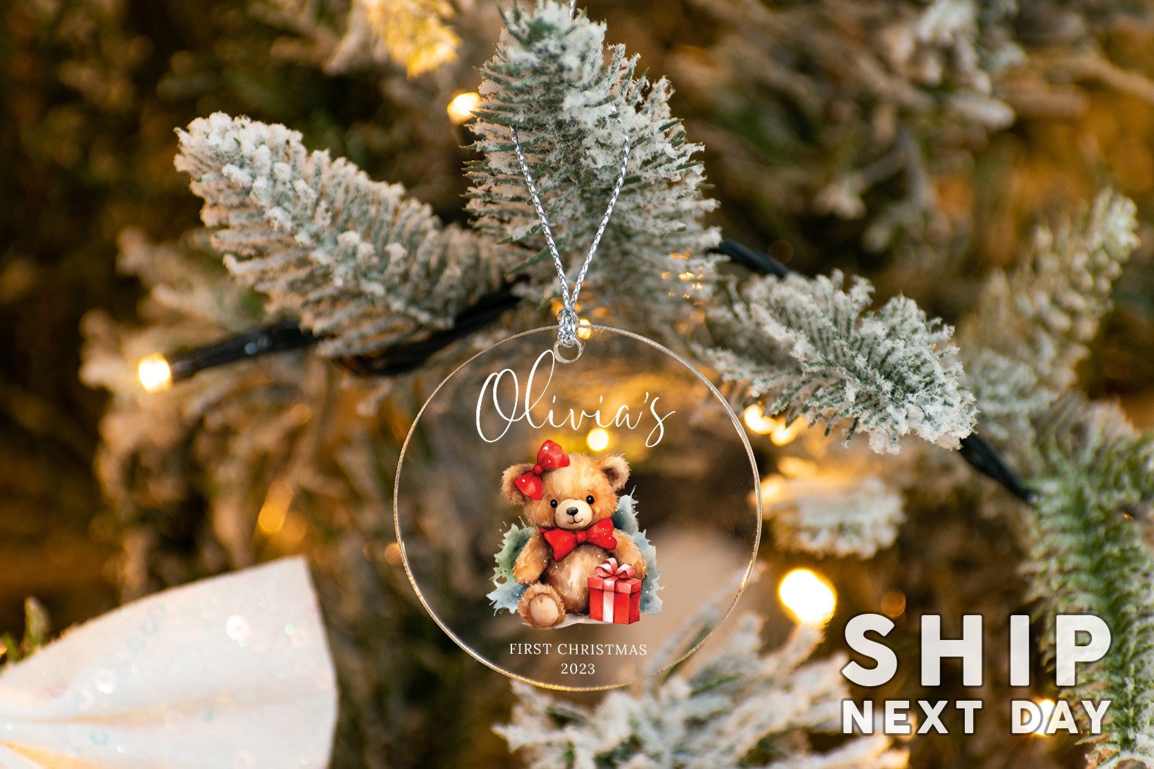 Custom Teddy Ornament, Kids First Christmas Ornament, Cute Bear Ornament, Christmas Gifts, Baby Name Ornament, Christmas Keepsake Decor