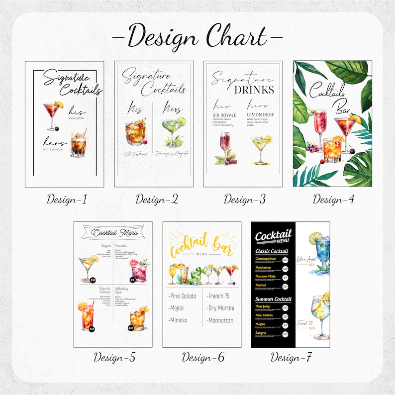 May include: A design chart showcasing seven different layouts for a cocktail bar menu. The designs incorporate watercolour illustrations of cocktails, tropical leaves, and text. The text includes the words "Signature Cocktails", "Drinks", "Cocktail Bar", and "Cocktail Menu".