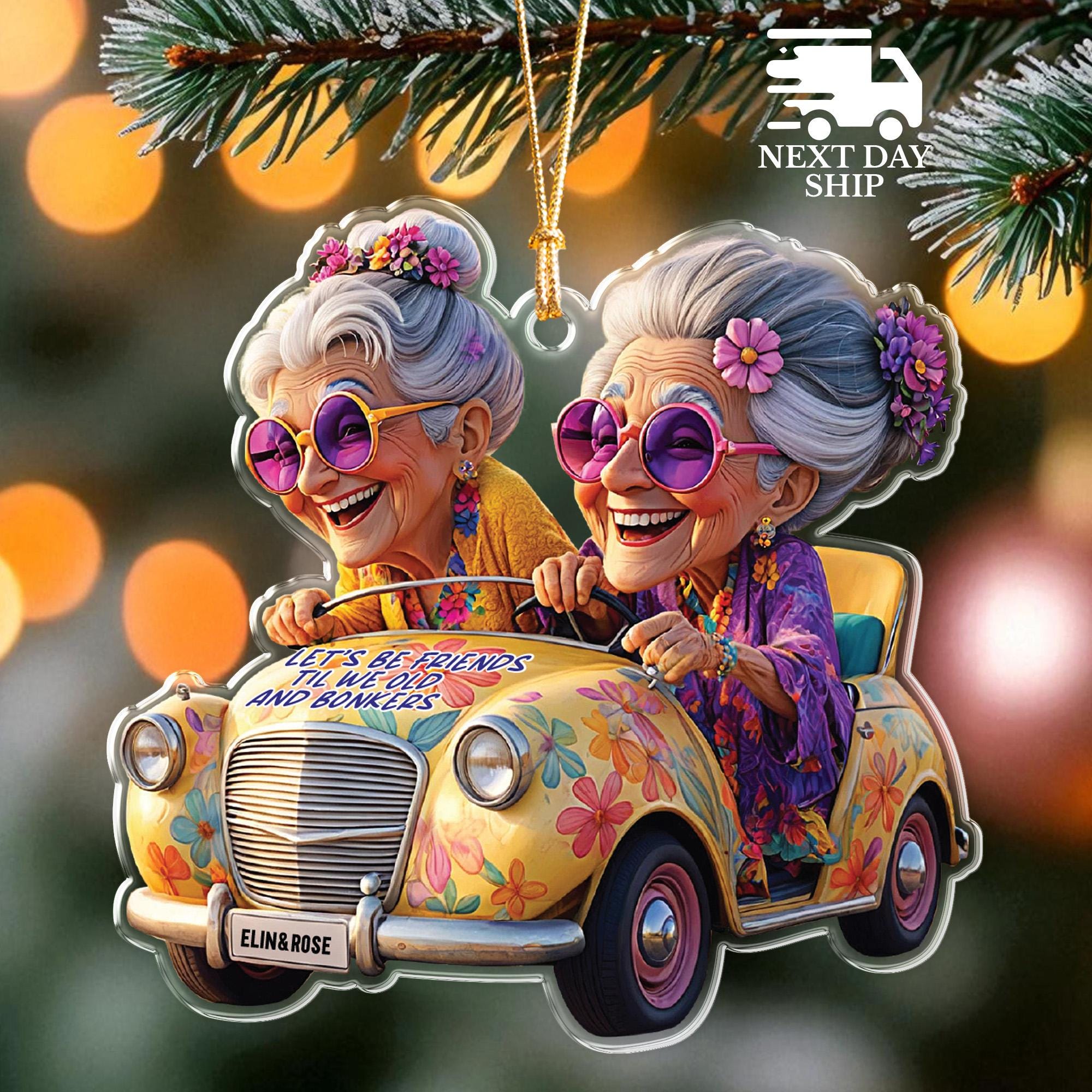 Bestfriends Name Ornament, Funny Old Ladies in Car, Personalized Friendship Christmas Gift, Gift for Lifelong Friends, Gift for Grandmas