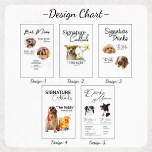 May include: Design chart for a bar menu with five different layouts featuring watercolor illustrations of dogs. Each layout includes a bar menu title, signature cocktails or drinks, and a list of spirits, wine, and beer. The designs are labeled Design-1 through Design-5.