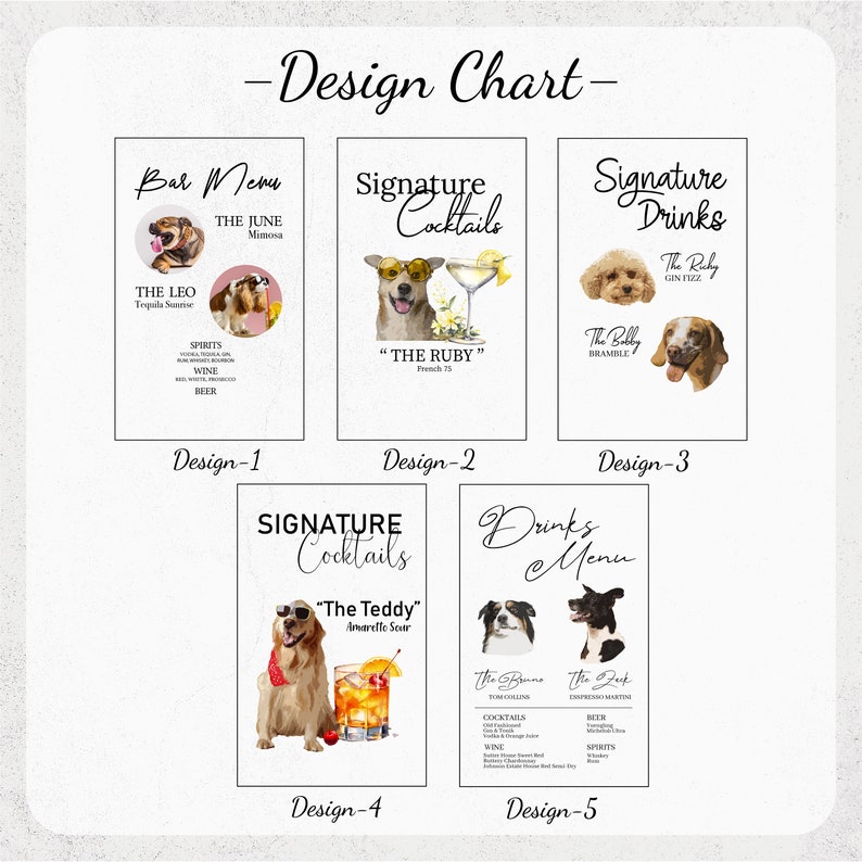 May include: Design chart for a bar menu with five different layouts featuring watercolor illustrations of dogs. Each layout includes a bar menu title, signature cocktails or drinks, and a list of spirits, wine, and beer. The designs are labeled Design-1 through Design-5.