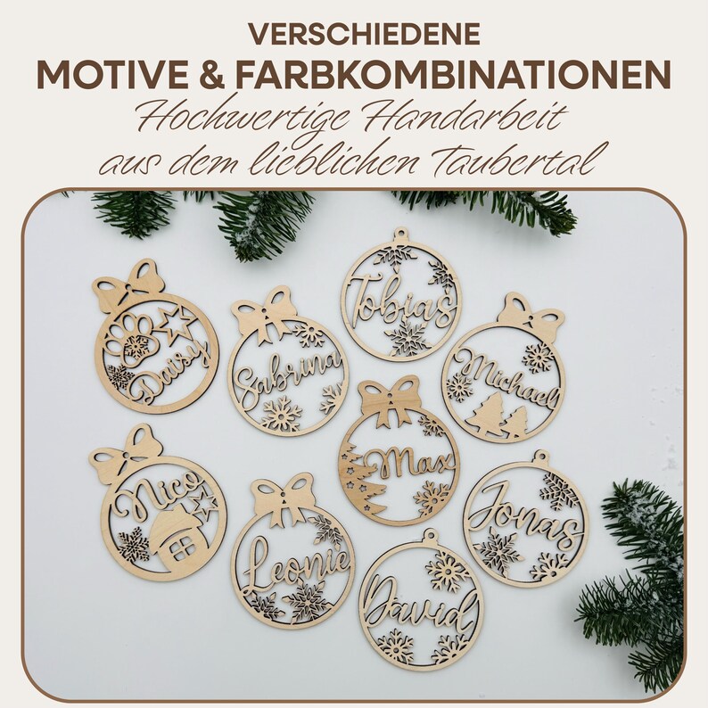 May include: Nine wooden Christmas ornaments with different names and designs. Each ornament is a circle with a bow at the top and snowflakes or other designs inside. The names on the ornaments are: Tobias, Sabrina, Max, Jonas, David, Michael, Leonie, Nico, and Daisy.