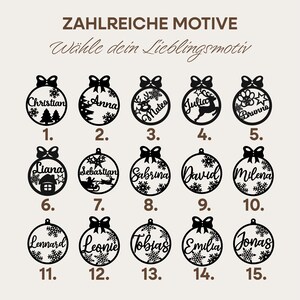 May include: Fifteen black and white Christmas ornament designs with different names and images. The ornaments are numbered 1 through 15. The text "ZAHLREICHE MOTIVE" and "W&auml;hle dein Lieblingsmotiv" is at the top of the image.