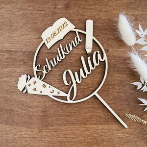 Cake topper for school enrollment with name and date made of wood