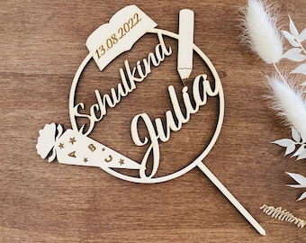 Cake topper for school enrollment with name and date made of wood