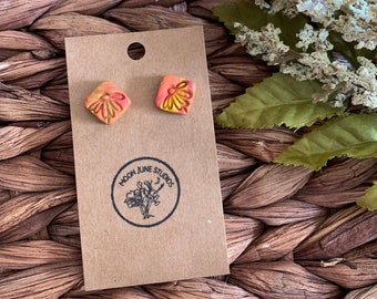 Diamond Flower Clay Earrings — Orange and Gold
