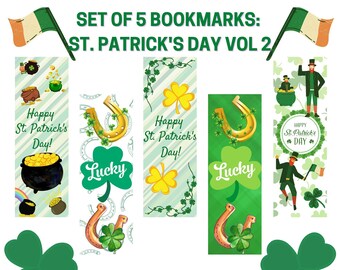 Lucky St Patricks Day Bookmarks With Shamrocks, Leprechauns and Gold Coins, Set of 5 to Print At Home