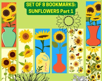 Grafische Lesezeichen, Sonnenblumen Blumenvasen-Designs, 8 Stück (Digitaler Download)