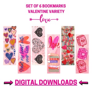 Dulces marcapáginas del día de San Valentín en rosa y rojo, llenos de corazones y libros, juego de 6 para imprimir en casa
