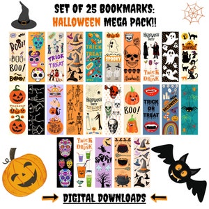 Pode incluir: Conjunto de 25 marcadores de livros temáticos de Halloween com vários designs assustadores e divertidos.  Inclui abóboras, fantasmas, morcegos, caveiras, esqueletos, doces e muito mais.  Download digital.