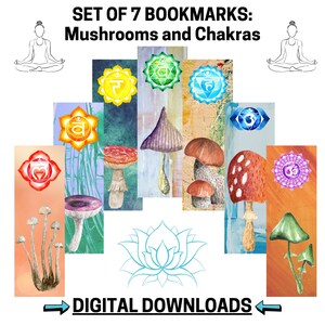 Set of 7 Chakras and Mushroom Bookmarks, Spiritual, Digital Downloads, Printable Bookmarks