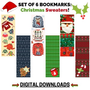 Set of 6 Christmas Sweater Themed Bookmarks, Digital Bookmarks, Printable Bookmarks