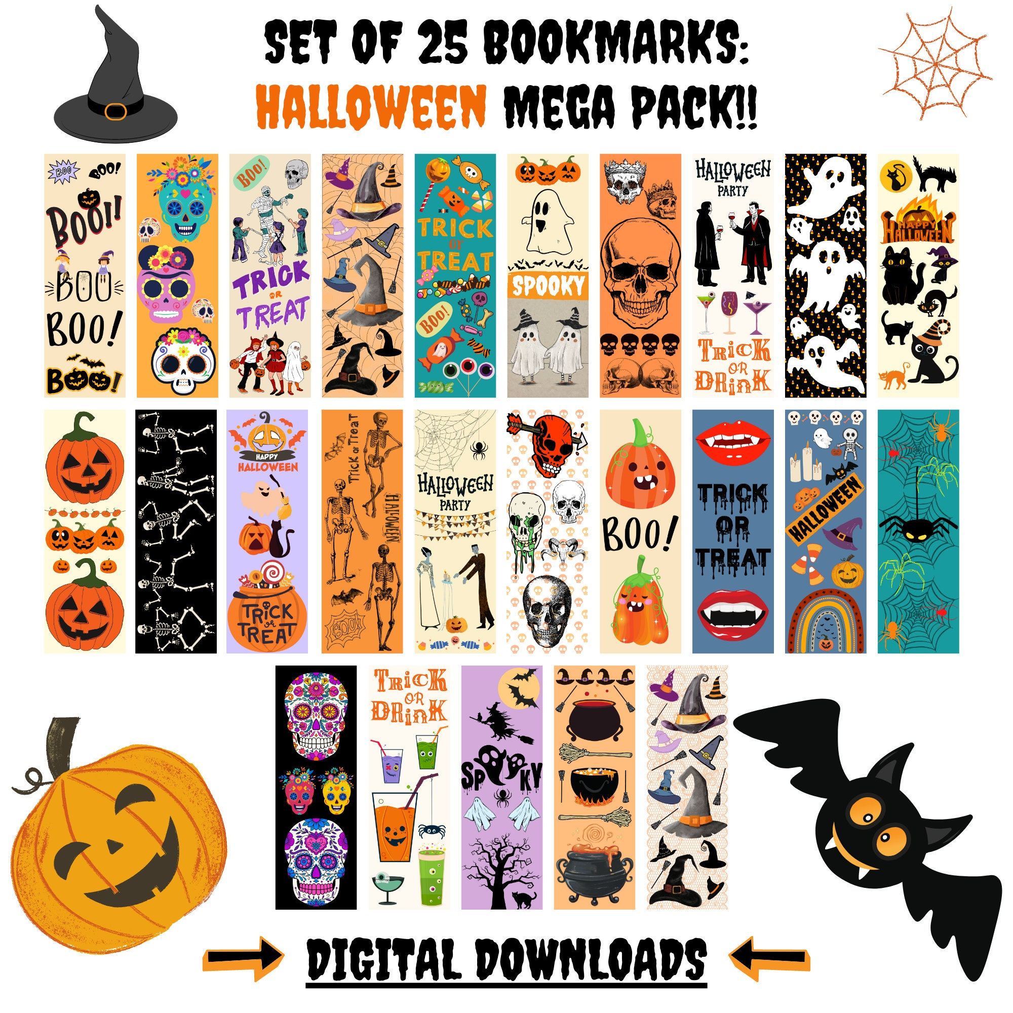 ハロウィン デザイン ブックマーク 30枚セット Halloween Bookmarks Mega Pack: Skulls, Skeletons, Witches (digital