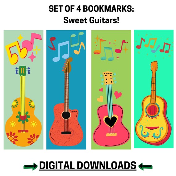 Set of 4 Cute Guitar Bookmarks Digital Bookmarks Printable Etsy