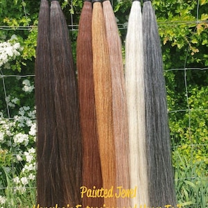 Op de afbeelding: Vier strengen paardenhaar extensions in verschillende kleuren, waaronder bruin, lichtbruin, wit en grijs. De strengen hangen aan haken en zijn gelabeld "Painted Jewel Horsehair Extensions and Horse Tails" en "www.pj-horsehair.eu".