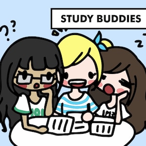 May include: Three cartoon friends are studying together. One friend is wearing glasses and has a confused expression. Another friend is smiling and has blonde hair. The third friend is wearing a white shirt and has a sleepy expression. The friends are sitting at a table with open books in front of them. The text "STUDY BUDDIES" is written in a speech bubble above the friends.