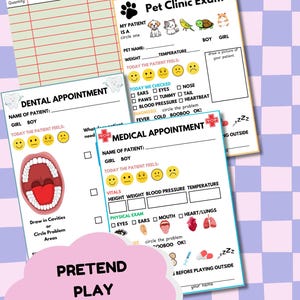 May include: Four printable pretend play sheets for kids. The sheets are for a restaurant, pet clinic, dental appointment, and medical appointment. Each sheet has a checklist, a place to draw, and a place to write the patient's name.