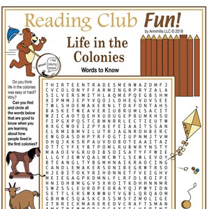 May include: A colorful educational worksheet titled "Reading Club Fun!" with the theme "Life in the Colonies." It features illustrations of a bear, horse, and goat, along with a word search puzzle and a list of related vocabulary.