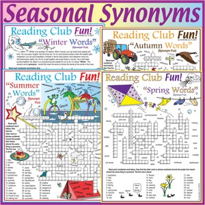 Synonyms for All Seasons – Printable Vocabulary Puzzle Bundle – Fall, Winter, Spring, Summer