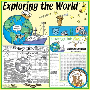 May include: A colorful educational poster titled "Exploring the World" with illustrations of a ship, camel, and globe. Includes a crossword puzzle, word search, and text about explorers. Features the text "Reading Club Fun!"