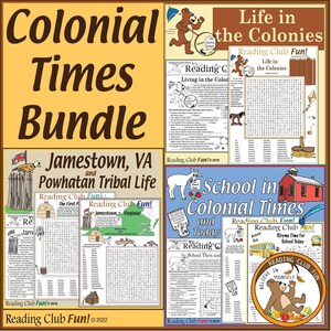 May include: A bundle of educational materials with the title "Colonial Times Bundle." The bundle includes worksheets and activities about colonial life, Jamestown, and school in colonial times. The materials feature illustrations and text.