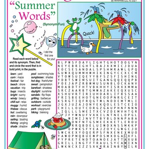 Puede incluir: Un colorido rompecabezas de b&uacute;squeda de palabras con tem&aacute;tica de verano con una rana, un pato y una tienda de campa&ntilde;a. El rompecabezas incluye palabras como "c&eacute;sped", "ma&iacute;z", "piscina", "gafas de sol", "festival", "perrito caliente", "playa", "sudor", "vacaciones", "viaje", "bichos", "descalzo", "brillante", "soleado", "sandalias", "luz del d&iacute;a", "sol", "ventoso", "fresco", "asado", "barbacoa", "relajarse", "relajarse", "al aire libre", "afuera", "h&uacute;medo", "h&uacute;medo", "entrenamiento", "ejercicio", "frisbee", "disco", "parque", "parque infantil", "caliente", "acalorado", "senderismo", "senderismo", "lluvia", "aguacero", "navegaci&oacute;n", "navegaci&oacute;n", "pesca", "pesca", "sombra", "sombra", "protector solar", "protector solar", "traje de ba&ntilde;o", "traje de ba&ntilde;o", "fingir", "hacer creer", "refrescos", "aperitivos", "fuegos artificiales", "pirotecnia", "parque de atracciones", "parque tem&aacute;tico", "D&iacute;a de la Independencia", "Cuatro de julio".