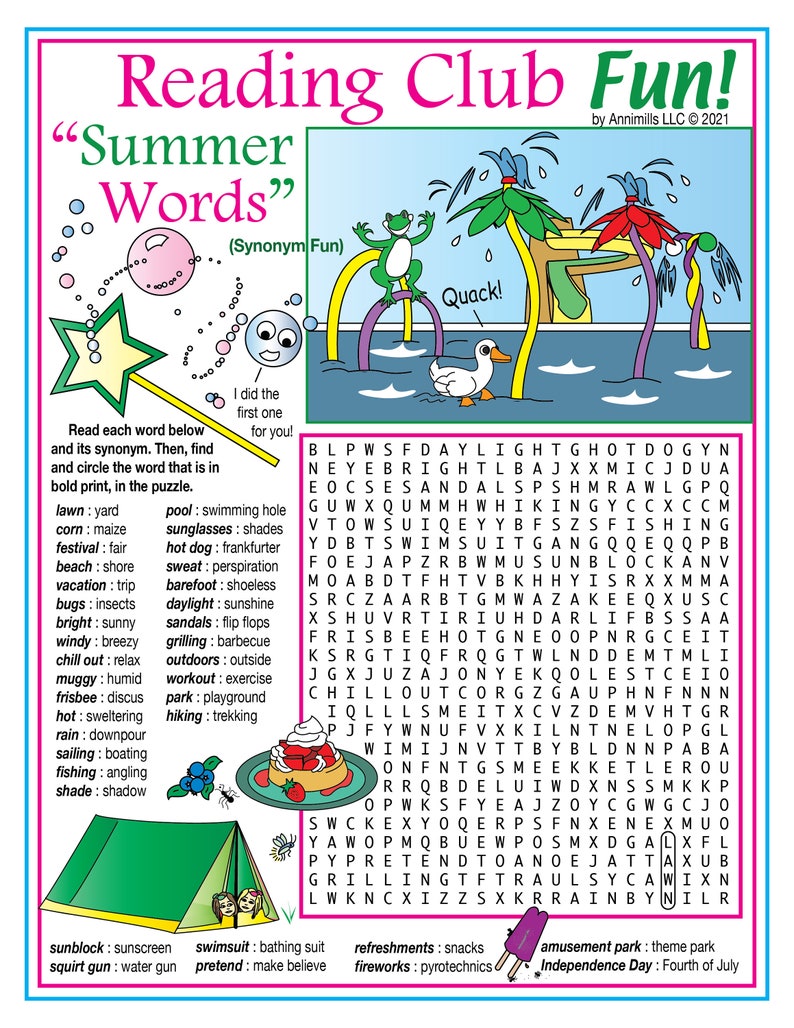 Puede incluir: Un colorido rompecabezas de b&uacute;squeda de palabras con tem&aacute;tica de verano con una rana, un pato y una tienda de campa&ntilde;a. El rompecabezas incluye palabras como "c&eacute;sped", "ma&iacute;z", "piscina", "gafas de sol", "festival", "perrito caliente", "playa", "sudor", "vacaciones", "viaje", "bichos", "descalzo", "brillante", "soleado", "sandalias", "luz del d&iacute;a", "sol", "ventoso", "fresco", "asado", "barbacoa", "relajarse", "relajarse", "al aire libre", "afuera", "h&uacute;medo", "h&uacute;medo", "entrenamiento", "ejercicio", "frisbee", "disco", "parque", "parque infantil", "caliente", "acalorado", "senderismo", "senderismo", "lluvia", "aguacero", "navegaci&oacute;n", "navegaci&oacute;n", "pesca", "pesca", "sombra", "sombra", "protector solar", "protector solar", "traje de ba&ntilde;o", "traje de ba&ntilde;o", "fingir", "hacer creer", "refrescos", "aperitivos", "fuegos artificiales", "pirotecnia", "parque de atracciones", "parque tem&aacute;tico", "D&iacute;a de la Independencia", "Cuatro de julio".