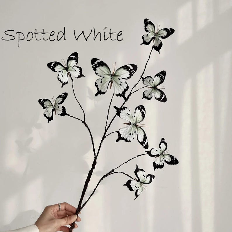 May include: A decorative branch with several white butterflies, each with black spots and edges. The butterflies are attached to thin, dark brown stems. The words "Spotted White" are written in cursive at the top left.