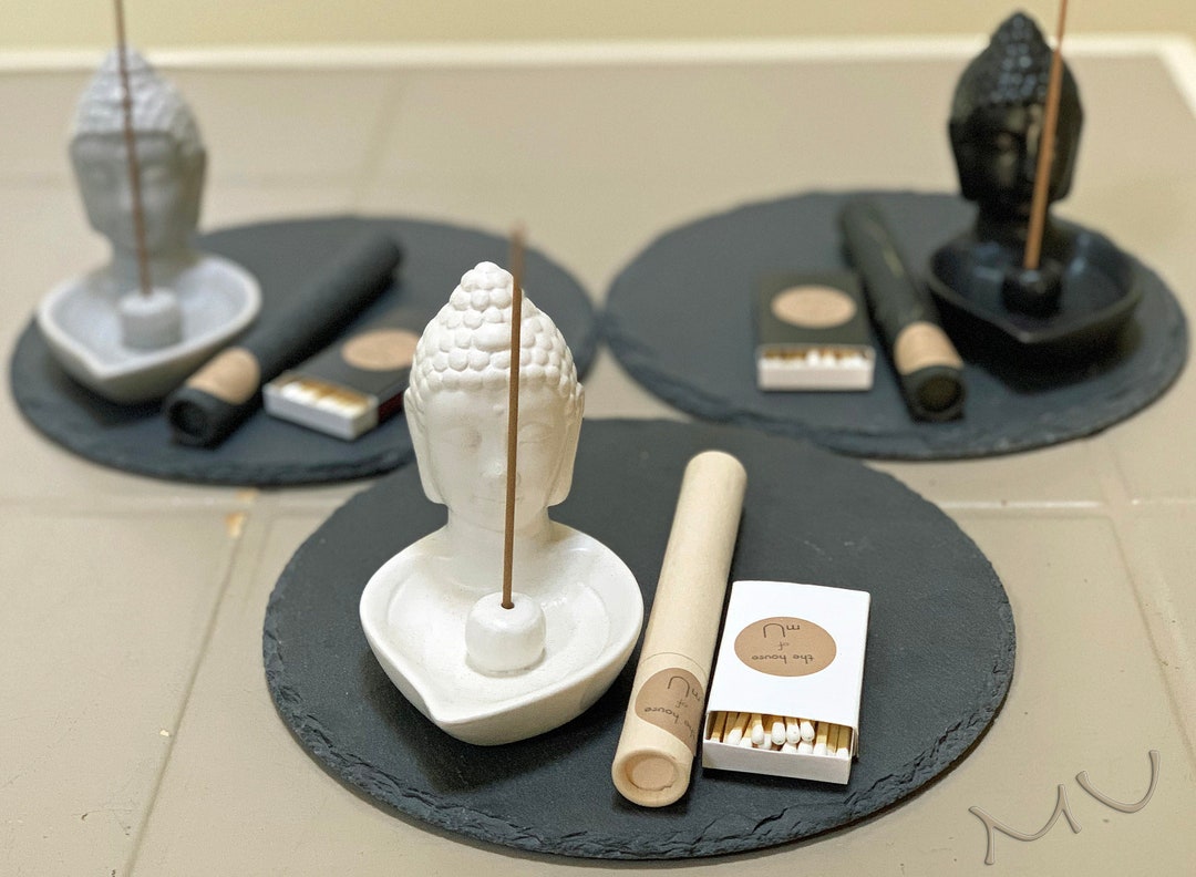 Premium BUDDHA JAPANESE INCENSE Gift Set Burner Matches Round Slate