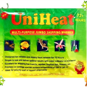 May include: Green and yellow packaging for a UniHeat multi-purpose jumbo shipping warmer. The packaging features a variety of images, including a grasshopper, a fish, a lizard, a flower, and a vial. The text on the packaging reads "UniHeat", "Multi-Purpose Jumbo Shipping Warmer", "72+ Hours", and "Environmentally safe. See other side for instructions."