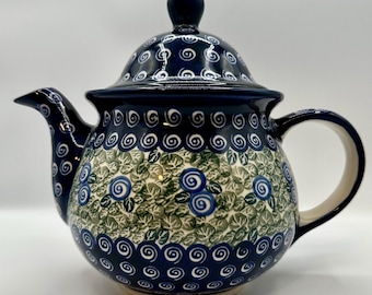 Polish Pottery Teapot | Handmade Blue & White Stoneware Tea Pot | Cobalt Swirl Pattern | Farmhouse Cottage