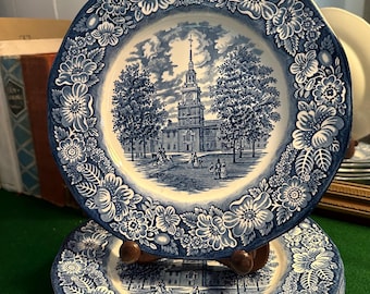 Liberty Blue Independence Hall Dinner Plate, Staffordshire Ironstone, Vintage England 9.75”, set of 4