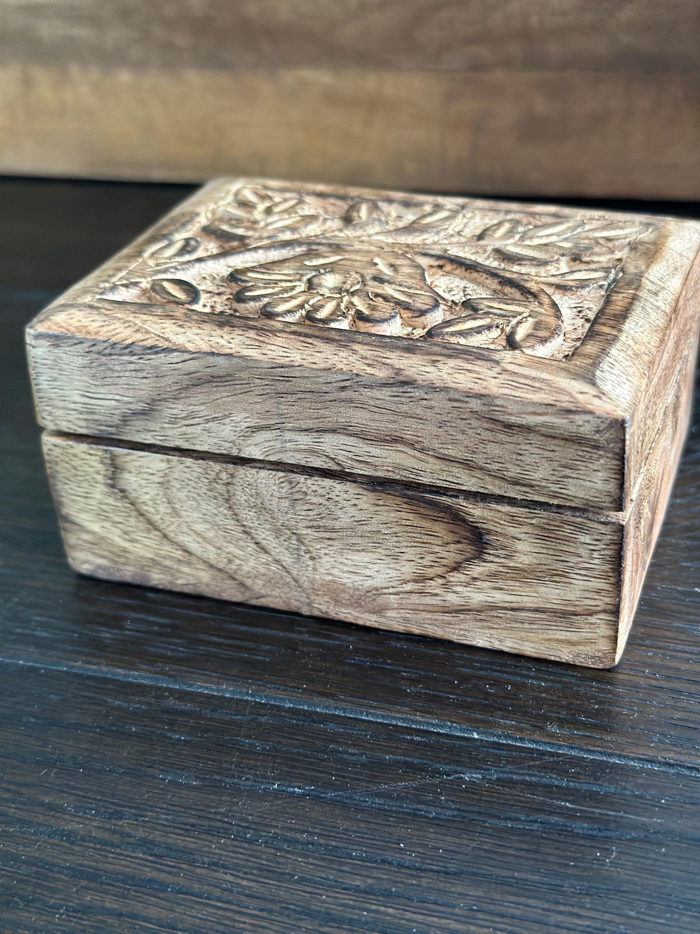 Hand Carved Wooden Trinket Box – Vintage India Jewelry Box – Boho Decorative Storage – Floral Carving Keepsake Chest 3” x 4”