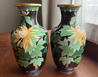 Vintage Asian art, Chinese cloisonné enamel mirrored vase pair